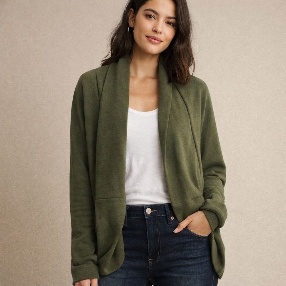 Mono B Olive Green Open‎ Front Cardigan Sweater S/M - Picture 2 of 7